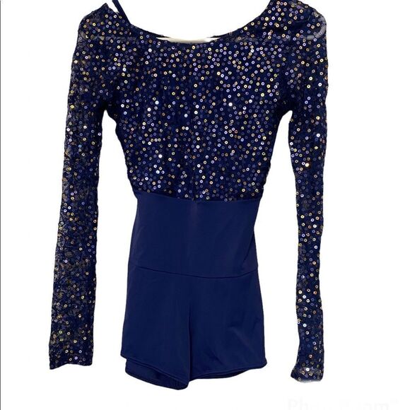 WEISSMAN Dance Costume navy sequin *discontinued* long sleeve biketard-adult SA - Picture 1 of 9